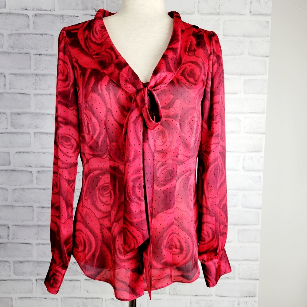 WHBM Red Rose Polka Dot Bow Tie Blouse Size 2